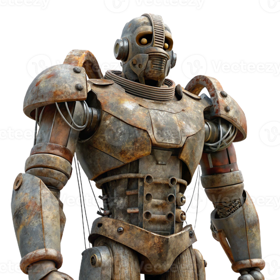 dramatic minimalist A colossal statue of a robot, weathered metal and exposed wires, post-apocalyptic style genuine png