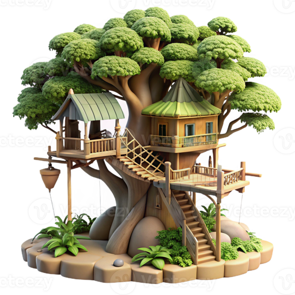 vibrant classic A giant treehouse with intricate carvings and rope bridges, lush vegetation, fantasy setting original png