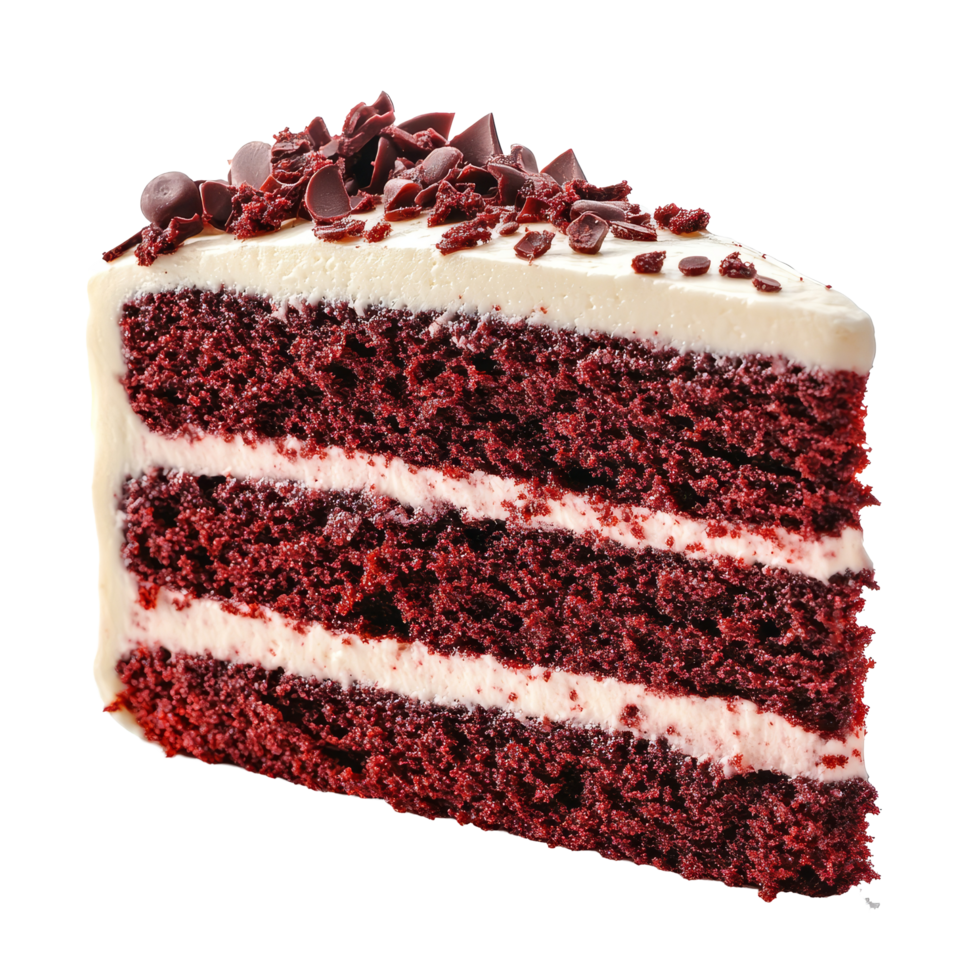 Delicious slice of red velvet cake with cream cheese frosting on a transparent background, red velvet cake slice isolated on transparent background png