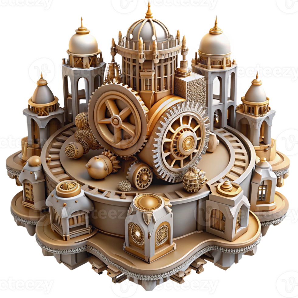impressive abstract An intricate clockwork city with gears and cogs, steampunk style, intricate details, genuine png