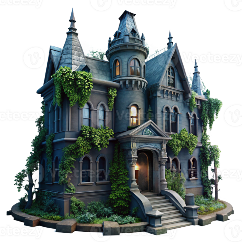 impressive vintage Abandoned Victorian mansion, overgrown with ivy, dim moonlight, gothic, eerie, original png