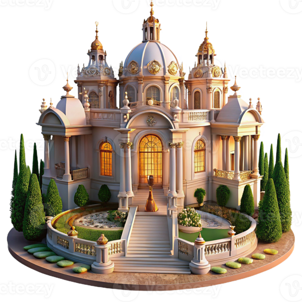 stunning creative A majestic, baroque palace with ornate gardens, golden hour lighting, opulent, realistic, detailed png