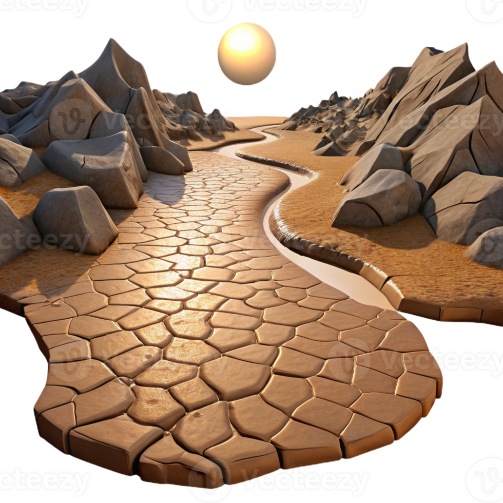 serene contemporary A dried-up riverbed in a cracked desert landscape, harsh midday sun, photorealistic style original png