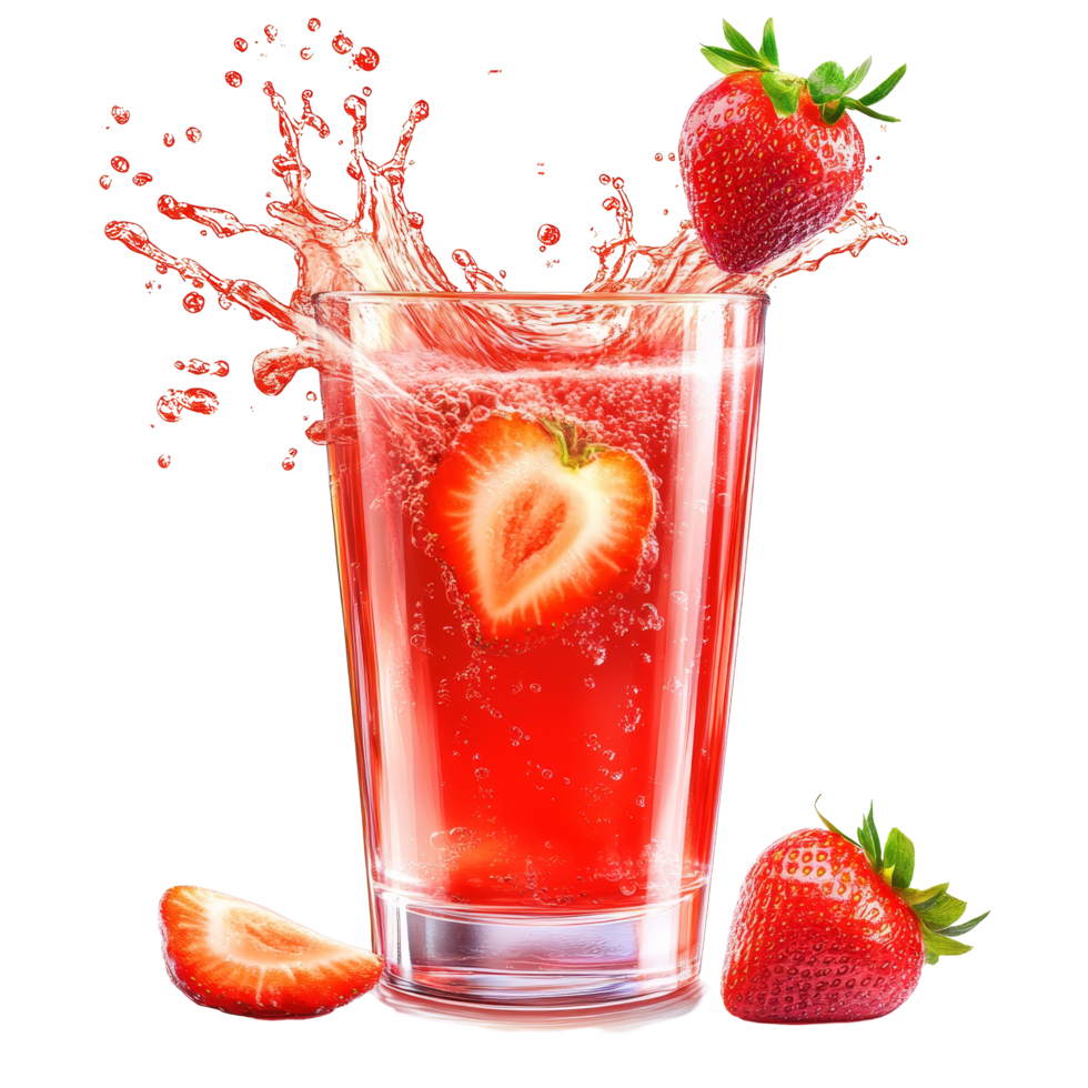 Refreshing strawberry juice splashes with fresh fruits in a clear glass during a sunny day, Strawberry juice with fruits splash png