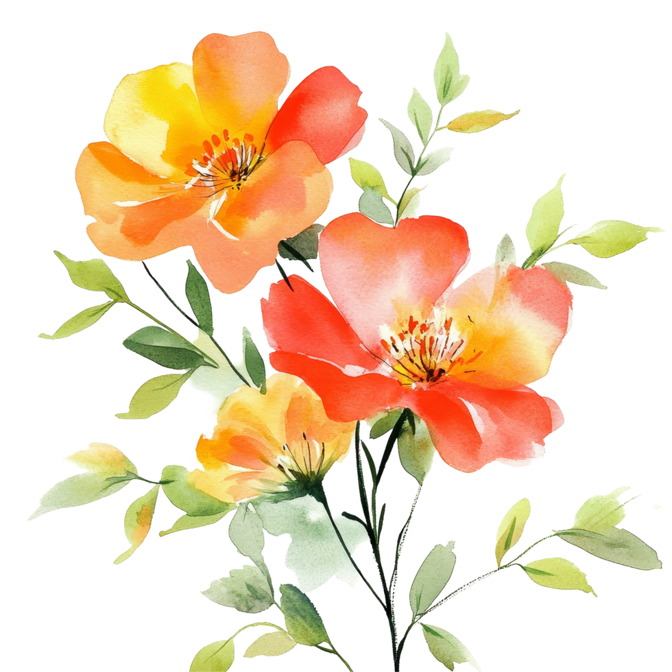 Vibrant watercolor flowers with orange and yellow petals bloom against a crisp transparent background, showcasing nature, Navy Watercolor Flowers on transparent background png