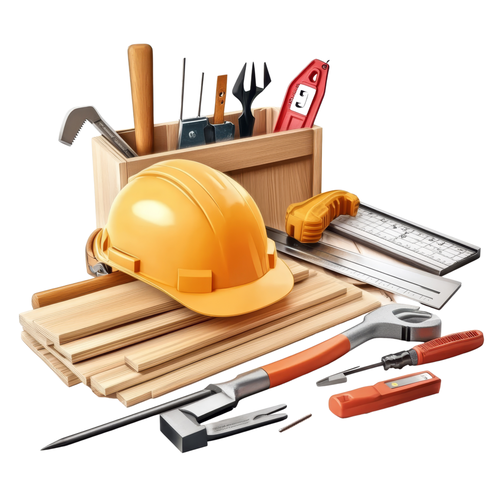 Carpentry tools and safety helmet arranged on a workbench for woodworking projects in a workshop setting, Carpentry tools with safety helmet Stock Illustration png