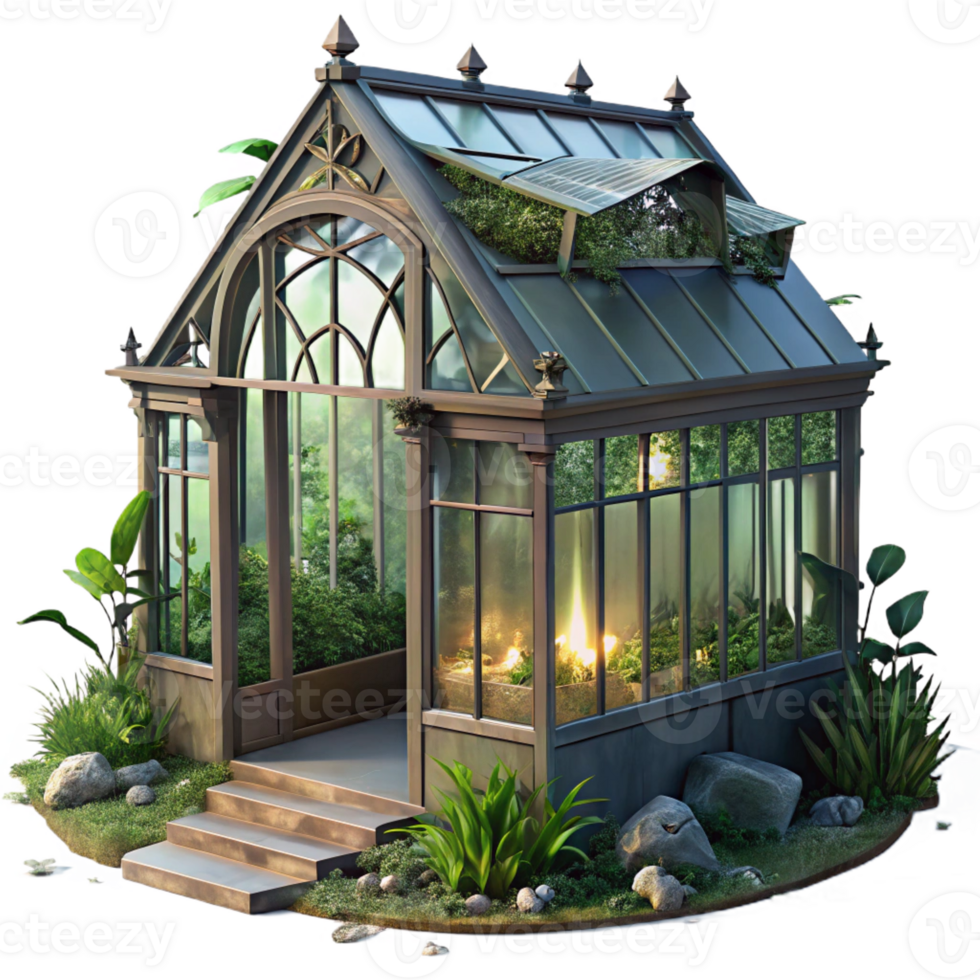 beautiful modern A dilapidated Victorian greenhouse, overgrown plants, broken glass, dim lighting, mysterious atmosphere premium png