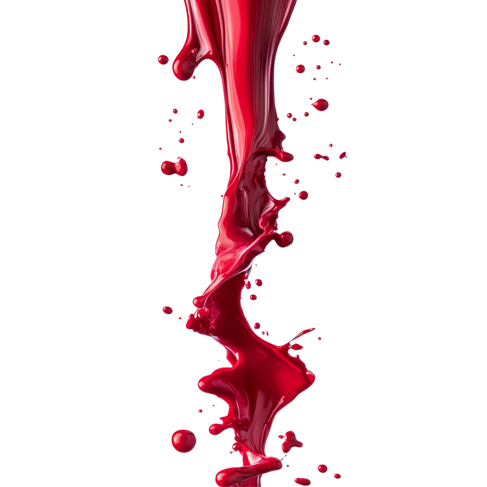 Red paint drips and splatters against a transparent background creating an artistic flow in bright color, red liquid drops of paint color flow down on transparent background png