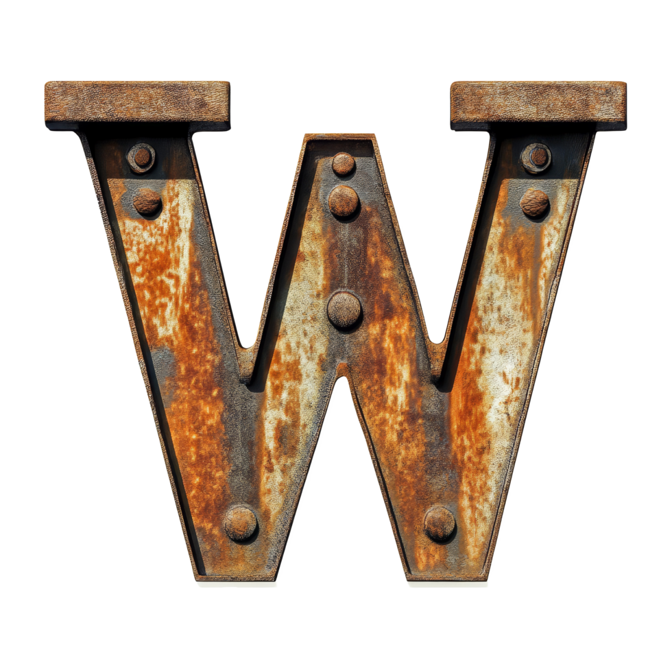 A large rusted letter W displayed on smooth transparent background to showcase its unique texture and craftsmanship, consonant letter a is used to make words on transparent backgroundfile png