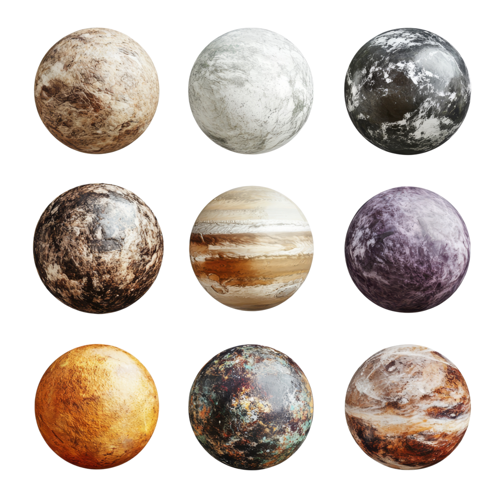 Textured rocky planets displayed as celestial bodies showcasing diverse surfaces and colors, Rocky Planets, Textured Celestial Bodies, Space Objects, Isolated on transparent background Background png