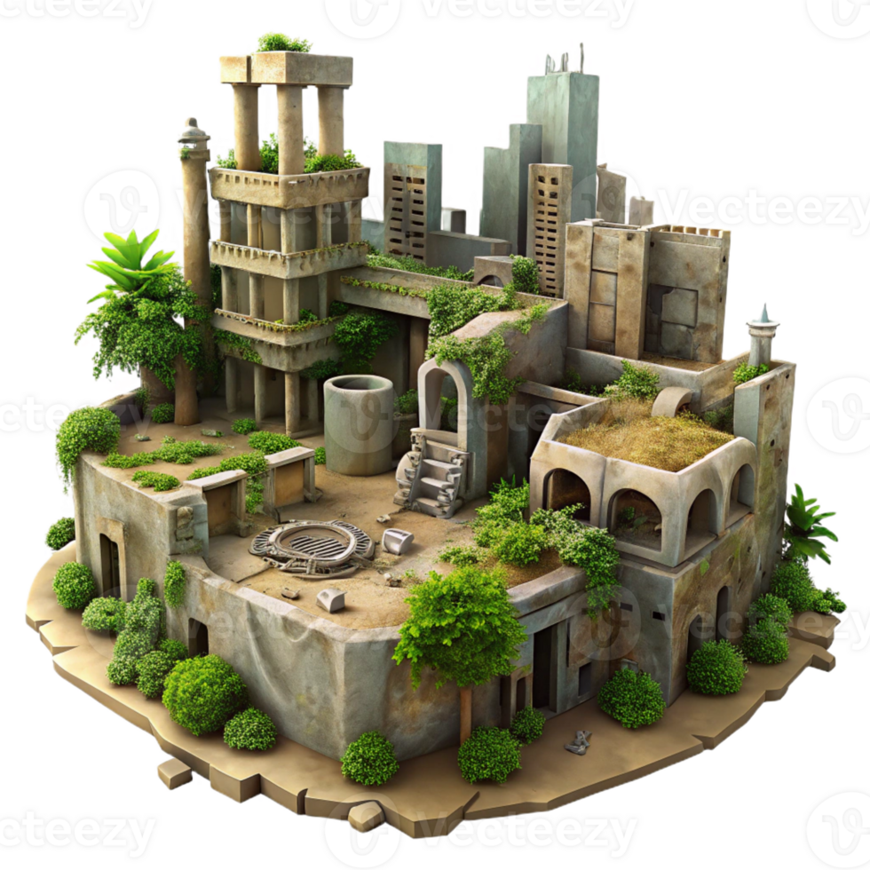 impressive vintage A post-apocalyptic city in ruins, overgrown with nature, muted colors, melancholic, digital painting, authentic png