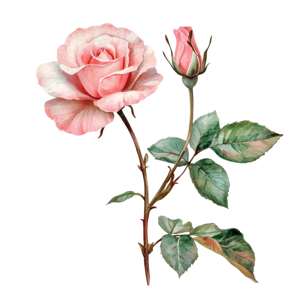 Elegant pink rose and budding flower on a delicate branch against a transparent backdrop, Rose flower with tree branch transparent background. Rose flower transparent background png