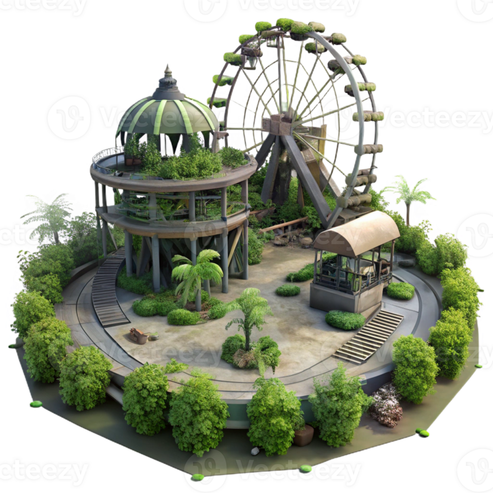 dramatic abstract An abandoned amusement park, overgrown with vegetation, eerie atmosphere, post-apocalyptic setting, 4K png