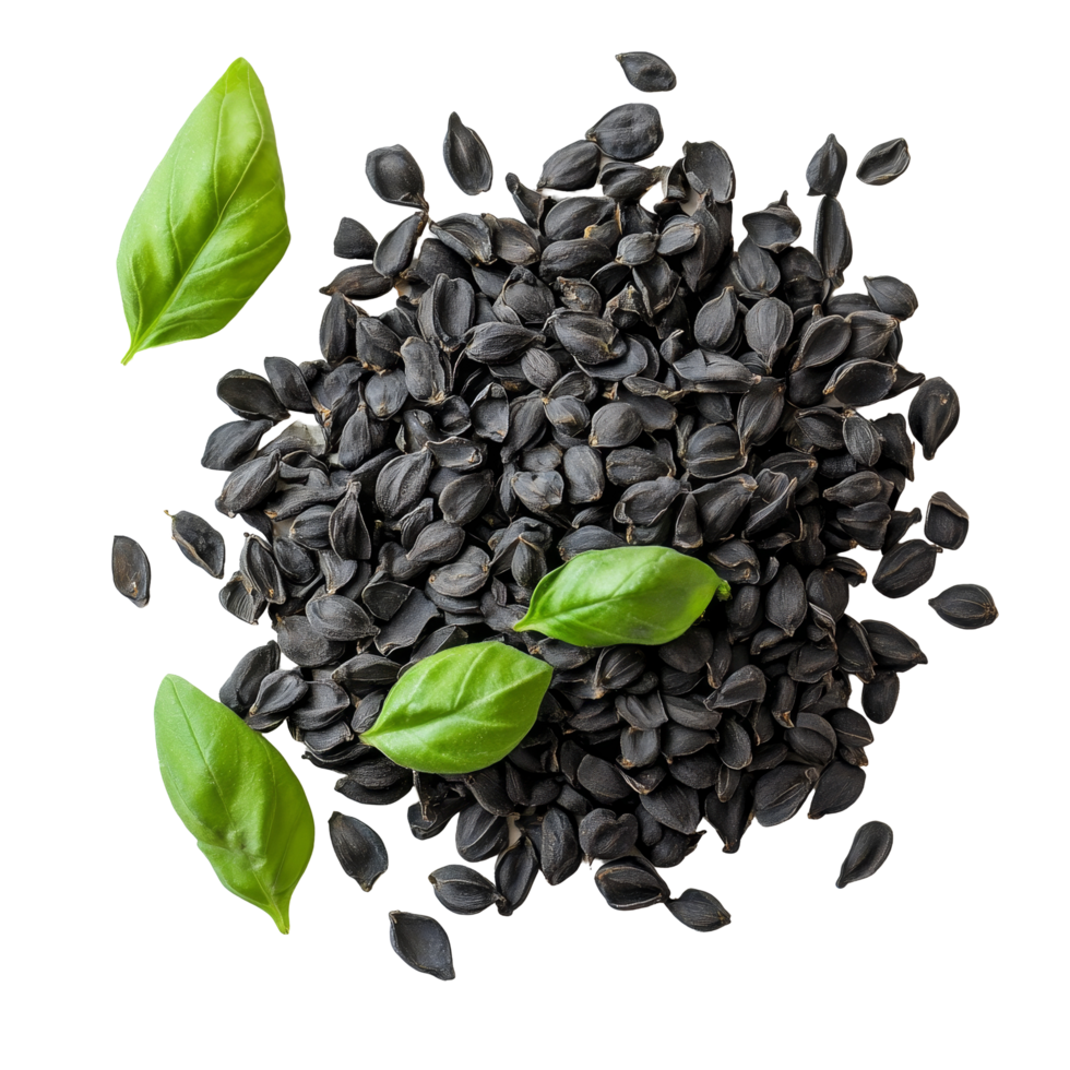 Basil seeds with fresh basil leaves on a transparent background showcasing natural ingredients, Basil seeds on transparent backgroundfile png