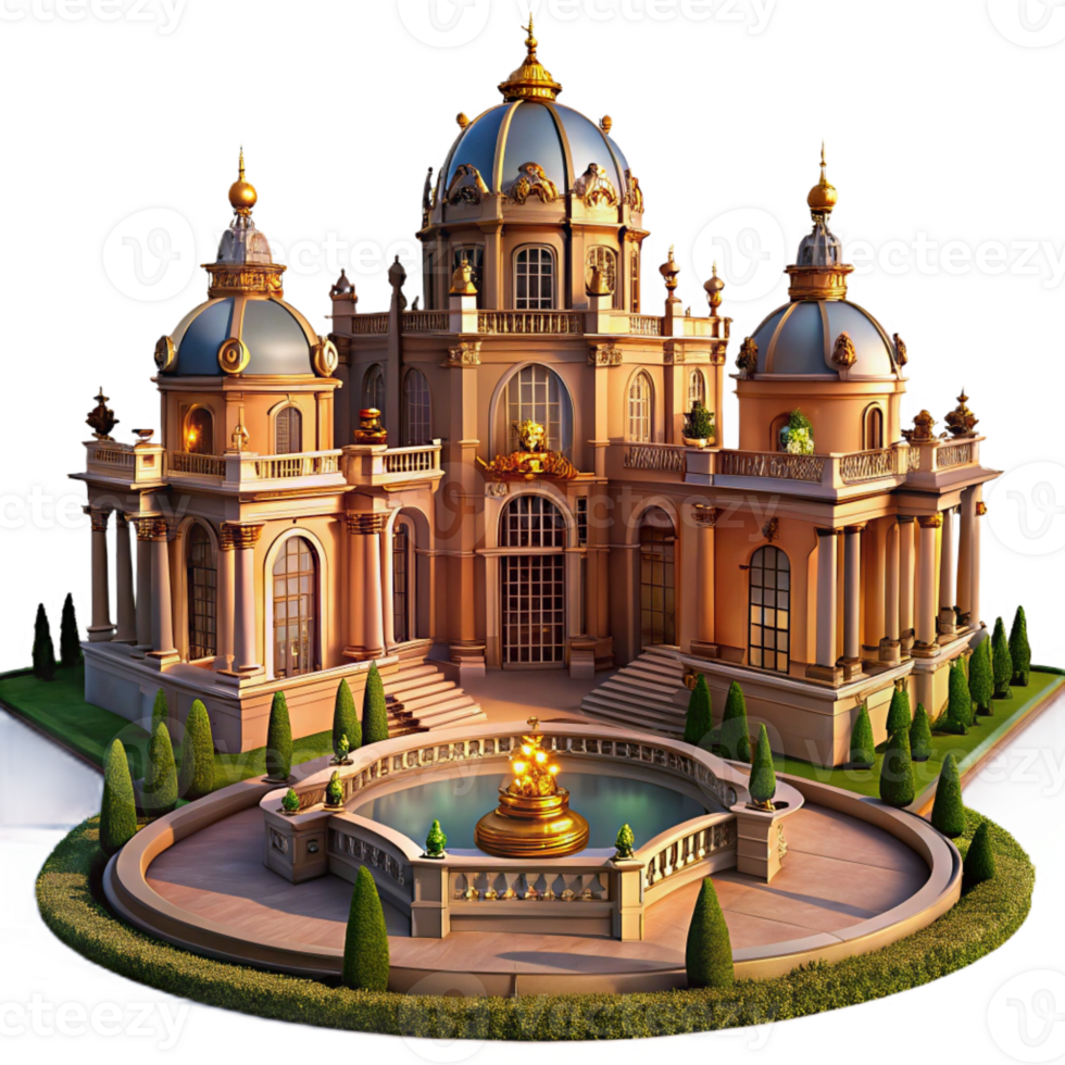 beautiful modern A majestic, baroque palace with ornate gardens, golden hour lighting, opulent, realistic, genuine png