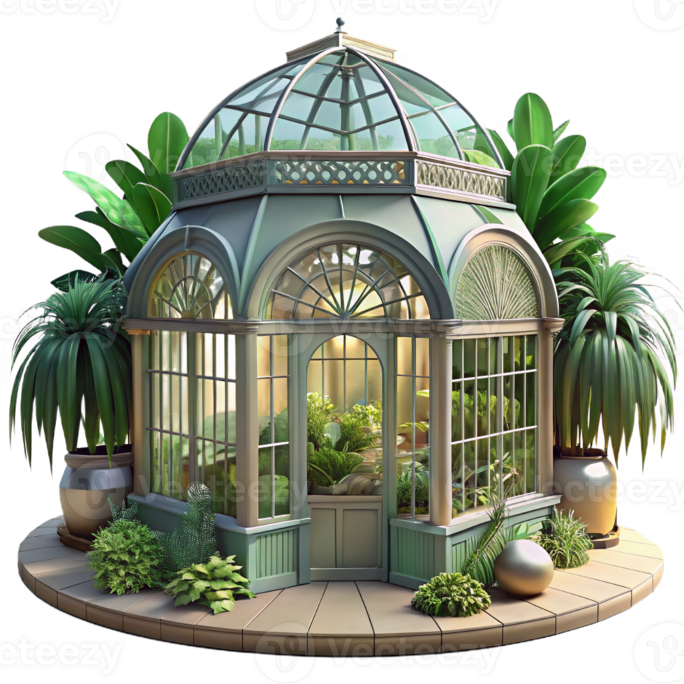 vibrant creative An elaborate Victorian greenhouse, filled with exotic plants, dappled sunlight, botanical illustration professional png