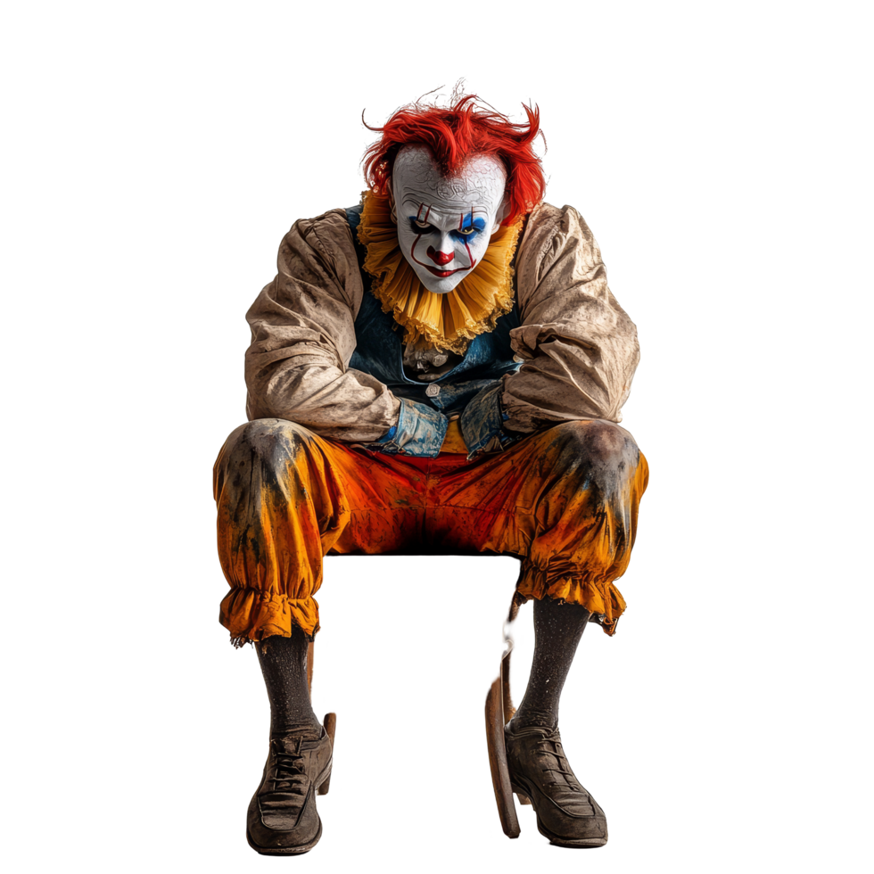 A creepy clown with bright hair sits alone on a chair, creating an eerie atmosphere against a transparent background, Scary clown sitting on a chair isolated on transparent background png