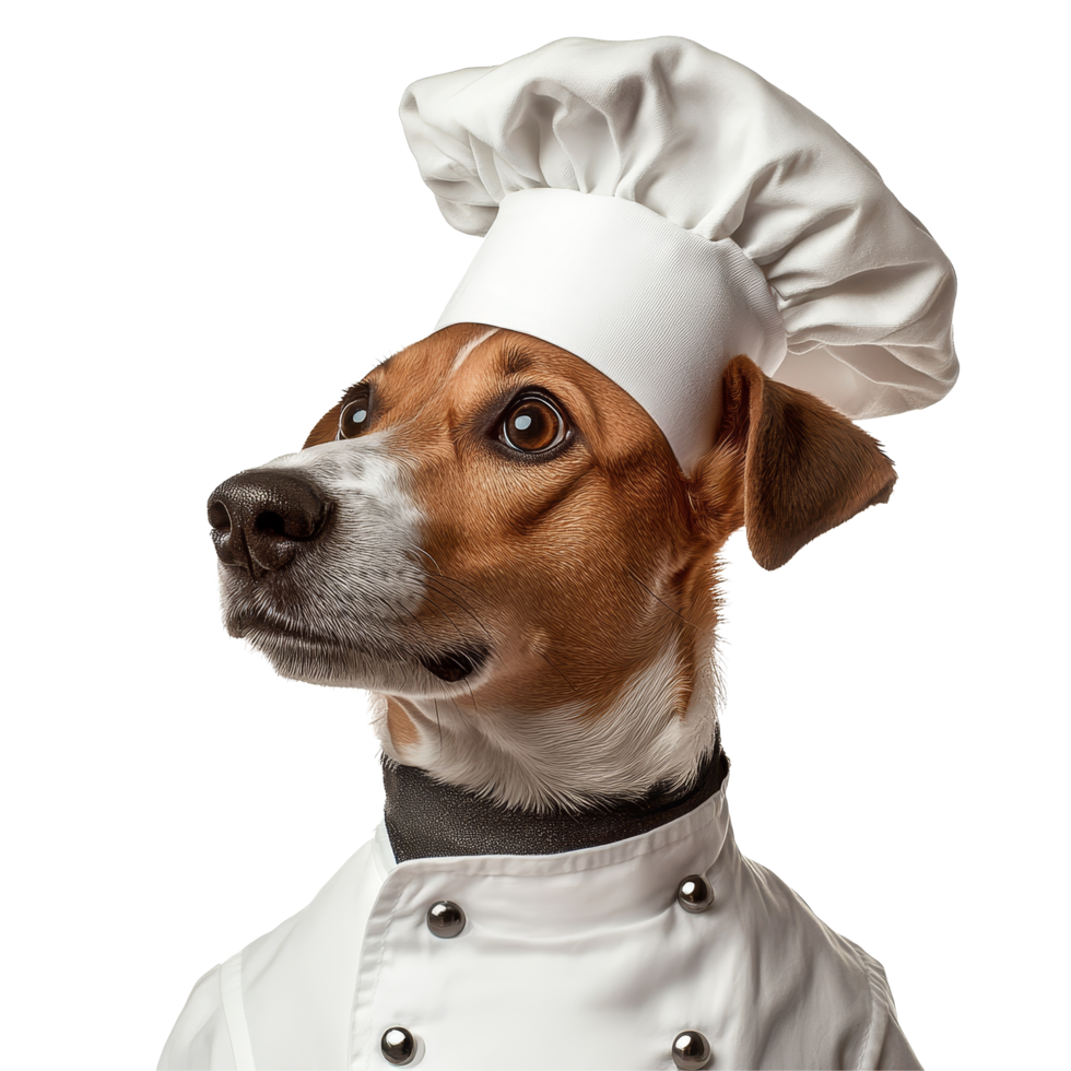 Funny dog dressed in a chef outfit isolated on a transparent background for a playful cooking theme, Funny Dog Wearing Chef Outfit Isolated on transparent background png