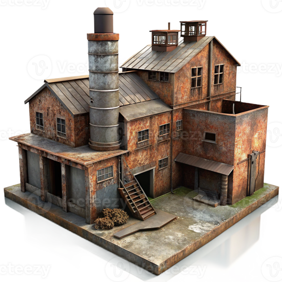 stunning creative An abandoned industrial factory, rusty metal and decaying concrete, eerie and atmospheric, dim light premium png
