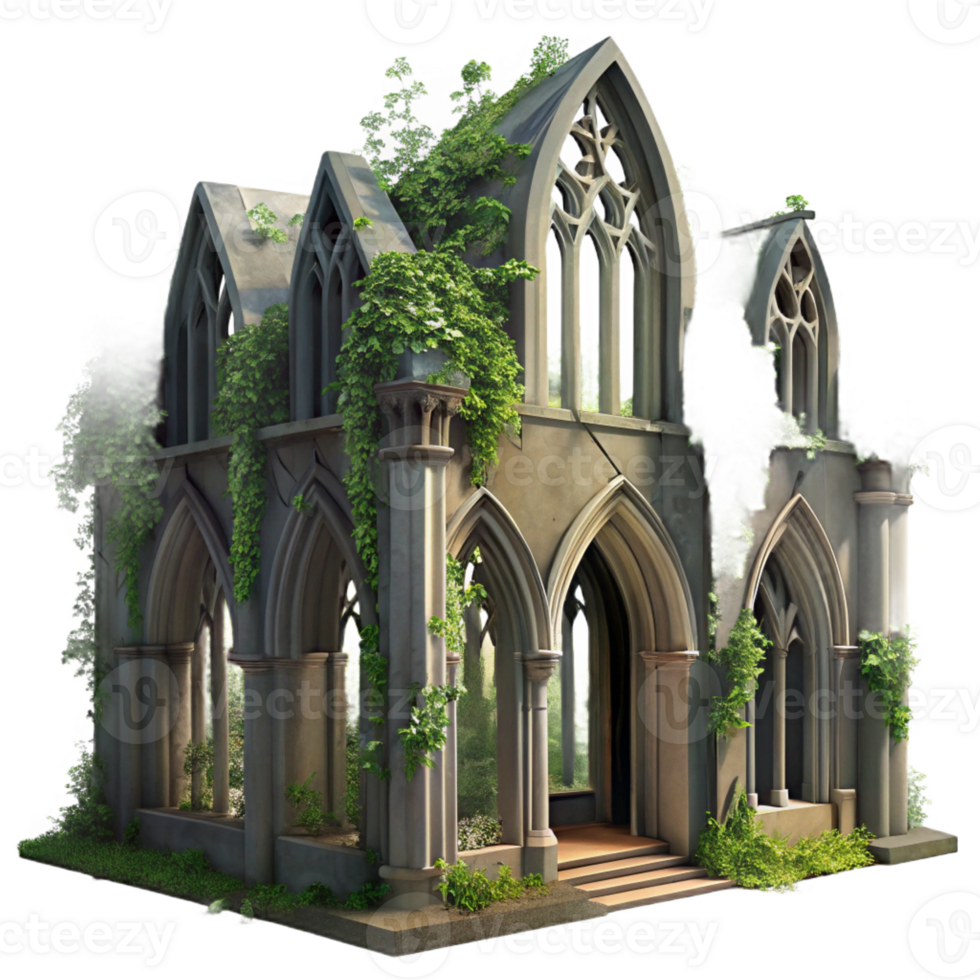 elegant abstract A crumbling Gothic cathedral, overgrown with vines, dappled sunlight through stained-glass windows, ethereal, romantic style professional png