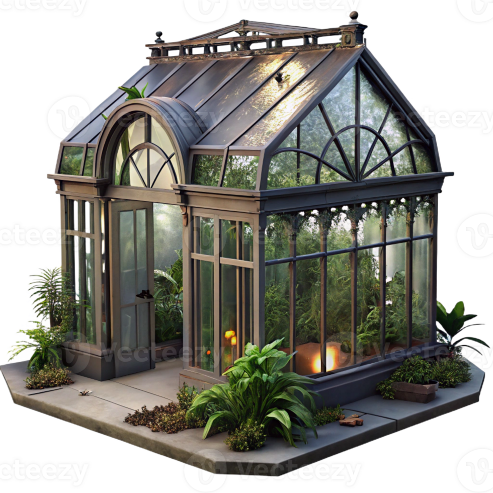 impressive artistic A dilapidated Victorian greenhouse, overgrown plants, broken glass, dim lighting, mysterious atmosphere high resolution png