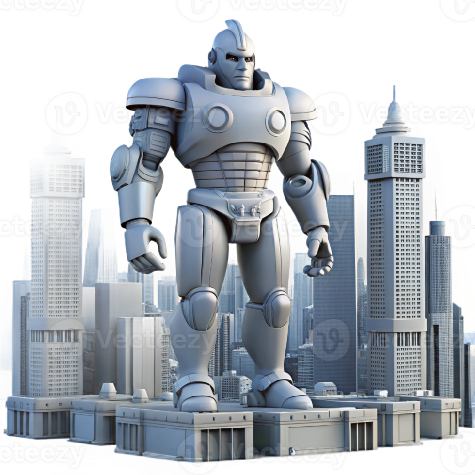 impressive minimalist A colossal statue of a robot, futuristic cityscape in the background, epic scale, science fiction illustration exclusive png