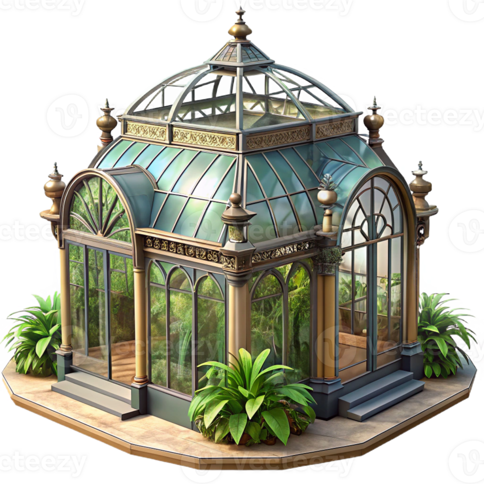 vibrant minimalist A Victorian era greenhouse, intricate wrought iron and glass panels, filled with exotic plants, soft sunlight genuine png