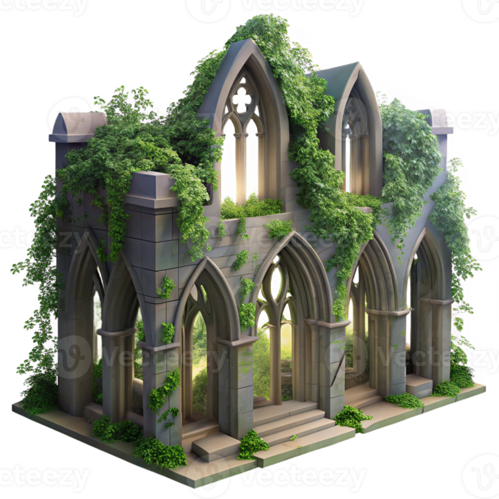 magnificent classic A crumbling Gothic cathedral, overgrown with vines, dappled sunlight through stained-glass windows, ethereal, romantic style high quality png