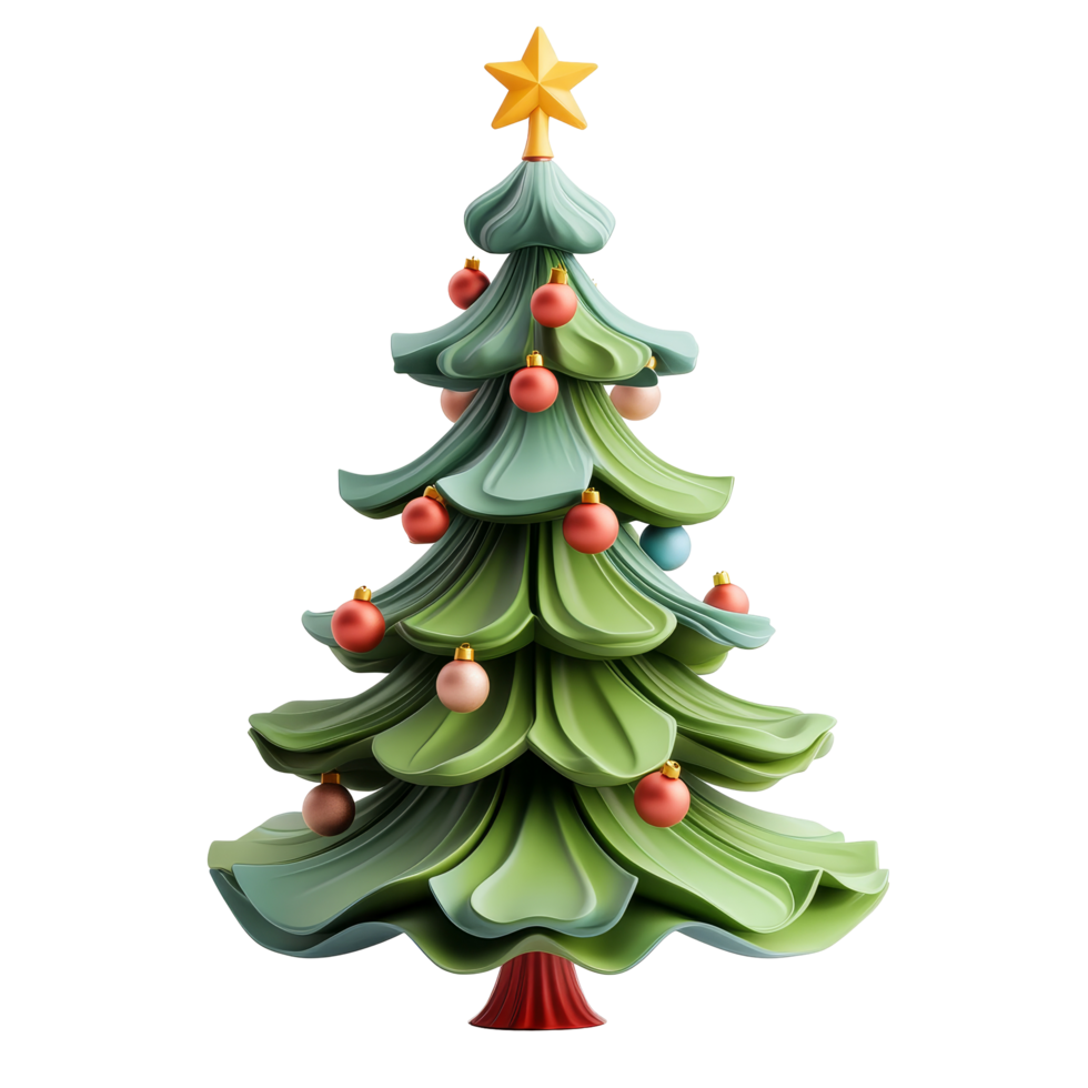Cheerful cartoon Christmas tree adorned with colorful ornaments for a festive celebration, 3D Cartoon Christmas Tree with Decorations on transparent background png
