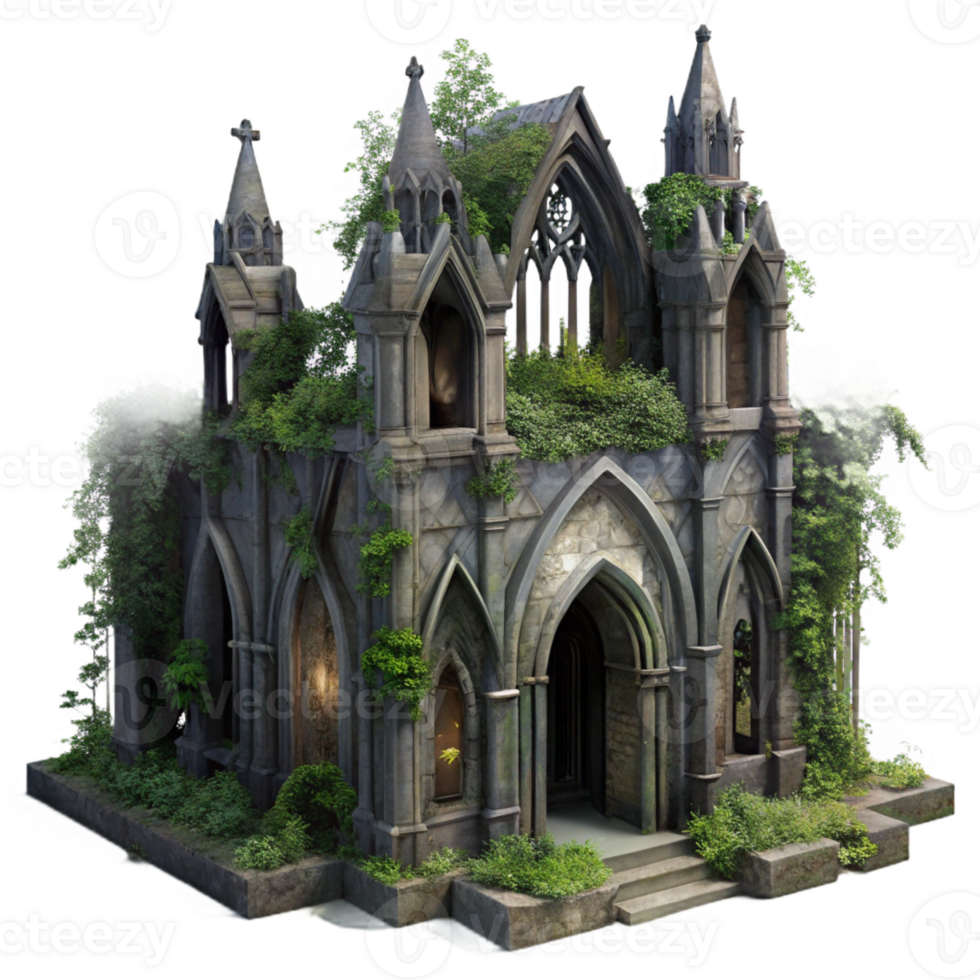 wonderful traditional A crumbling Gothic cathedral overgrown with vines, volumetric lighting, eerie atmosphere, hyperrealistic, dark fantasy style, authentic png