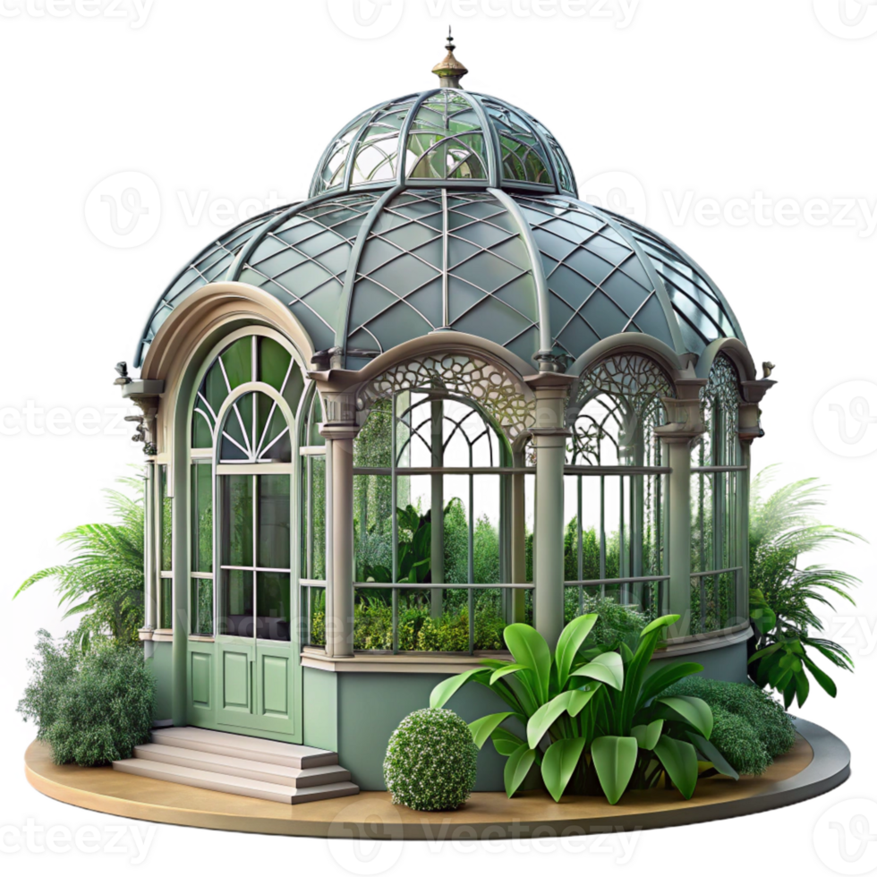 serene contemporary Victorian greenhouse, ornate ironwork, lush plants, soft natural light, botanical, exclusive png