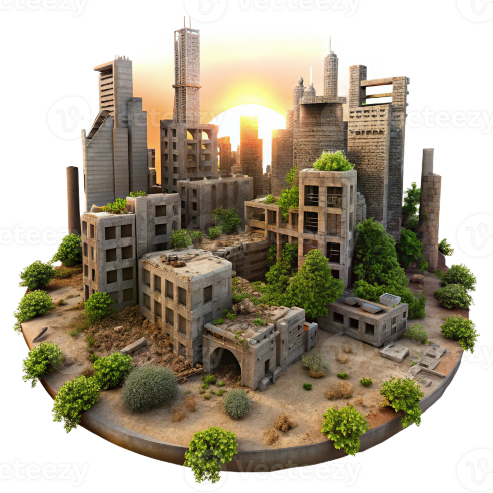 wonderful classic Post-apocalyptic cityscape, ruined buildings, overgrown with vegetation, dusty sunset, desolate, high resolution png