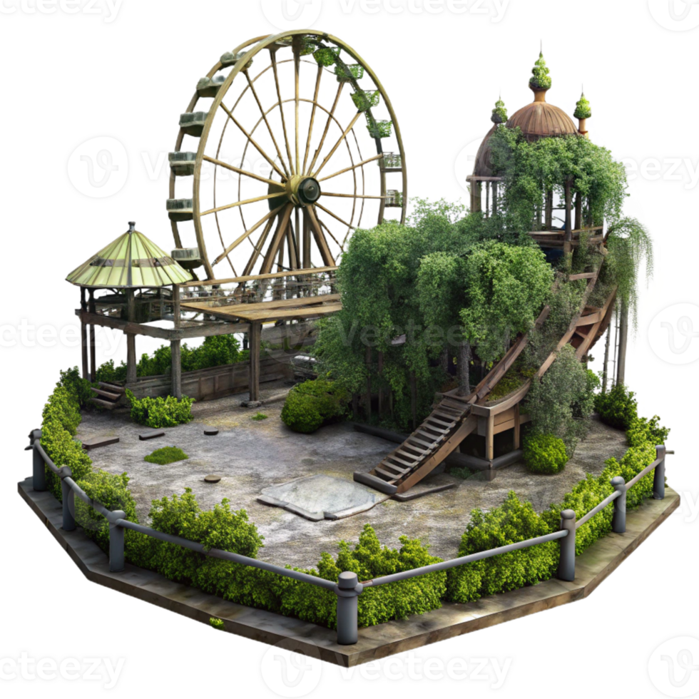 dramatic contemporary An abandoned amusement park, overgrown with vegetation, eerie atmosphere, post-apocalyptic setting, professional png