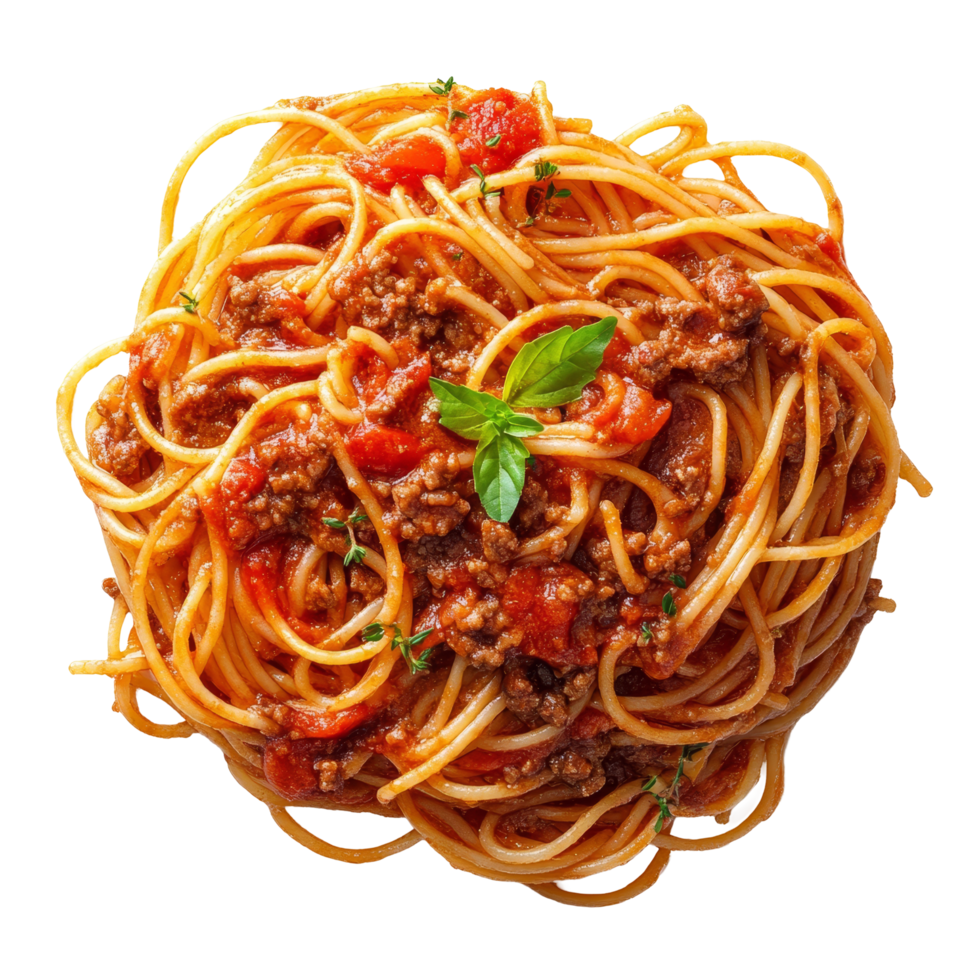 Delicious spaghetti pasta topped with savory tomato beef sauce and fresh basil on a transparent plate, spaghetti pasta with tomato beef sauce on transparent background png