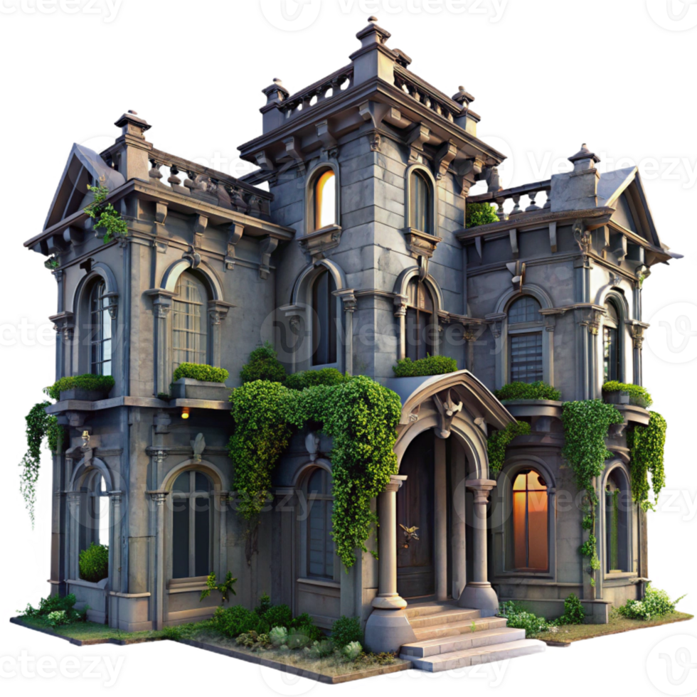 beautiful modern An abandoned Art Nouveau mansion, intricate ironwork and decaying facade, overgrown with ivy, melancholic and romantic mood, twilight lighting high resolution png