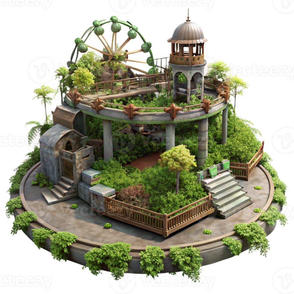 stunning modern An abandoned amusement park, overgrown with vegetation, eerie atmosphere, post-apocalyptic setting, original png