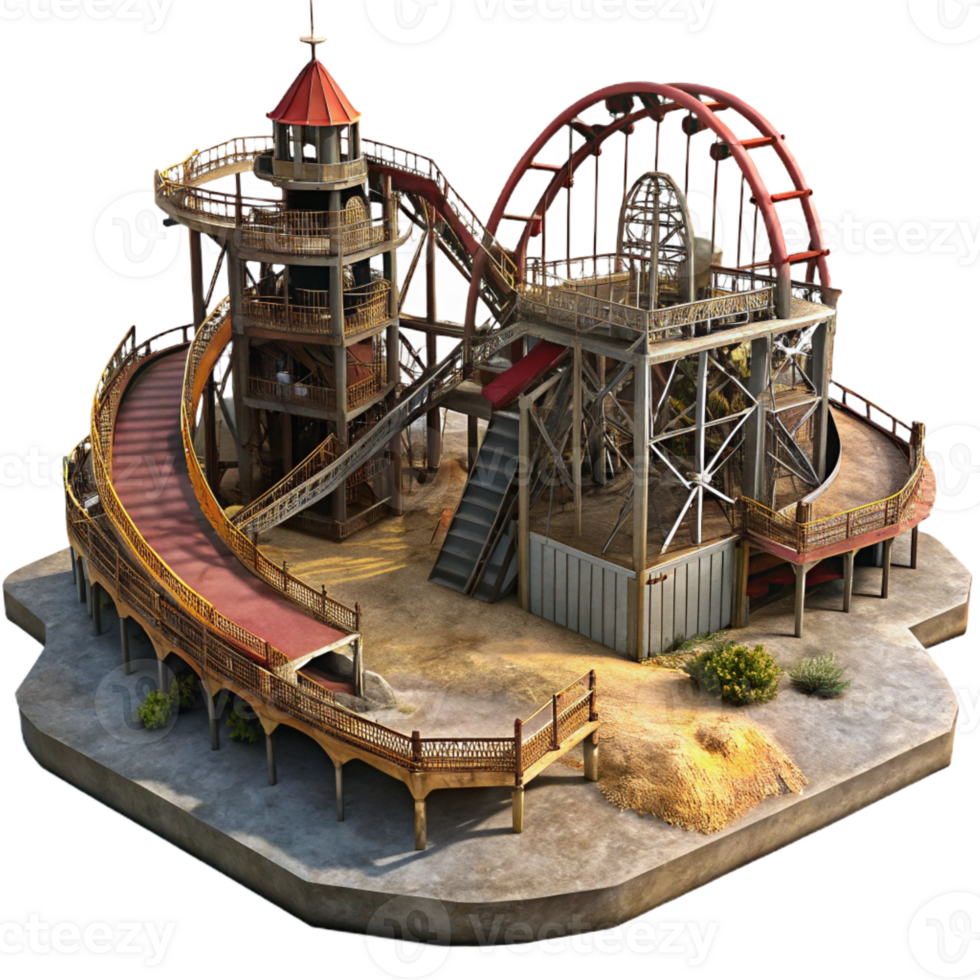 vibrant modern An abandoned amusement park with rusty roller coasters and decaying buildings, eerie and atmospheric original png