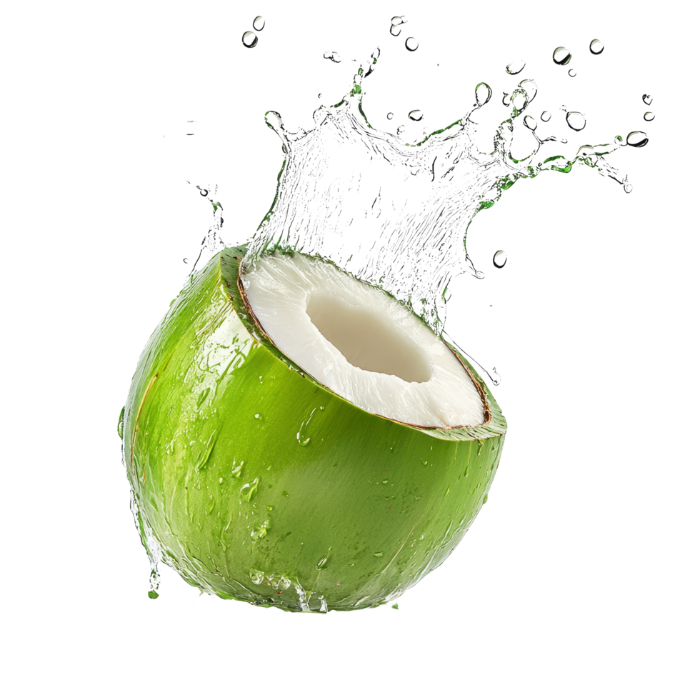 Fresh green young coconut with water droplets isolated on transparent background, perfect for tropical refreshment, Green young coconut with drop water isolated on transparent background png