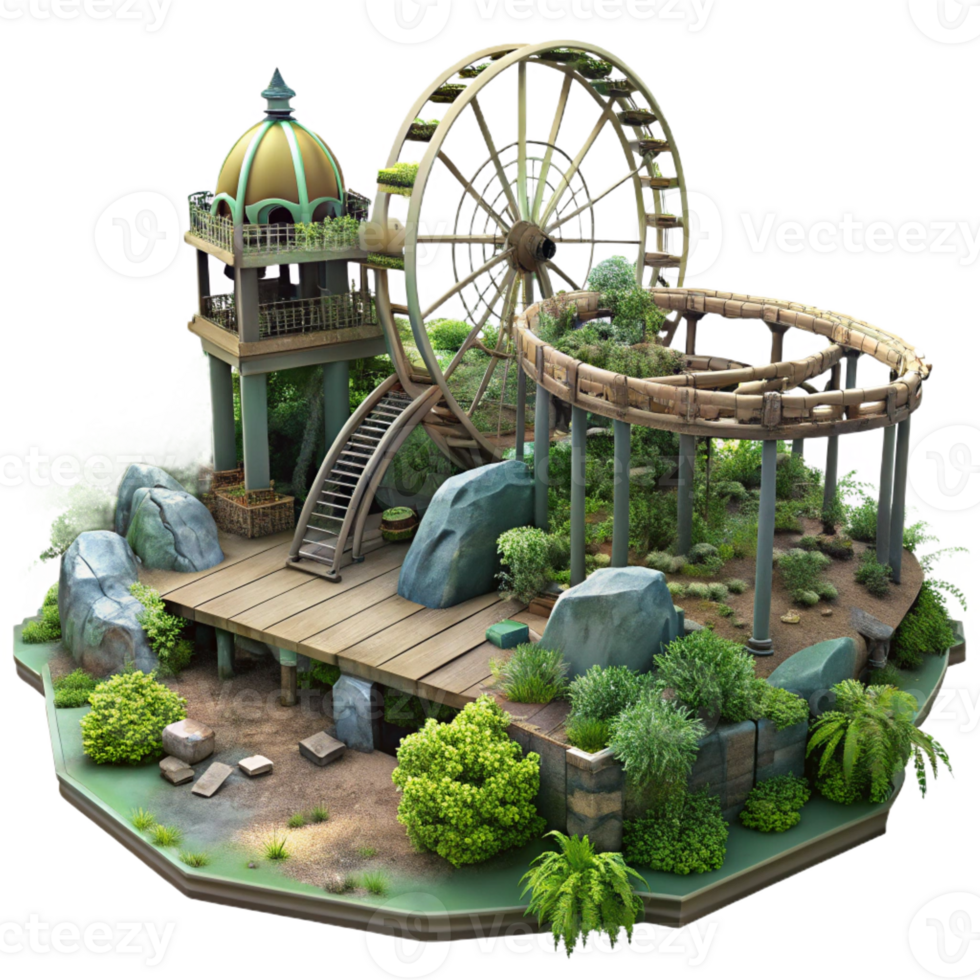 dramatic rustic An abandoned amusement park, overgrown with vegetation, eerie atmosphere, post-apocalyptic setting, high resolution png