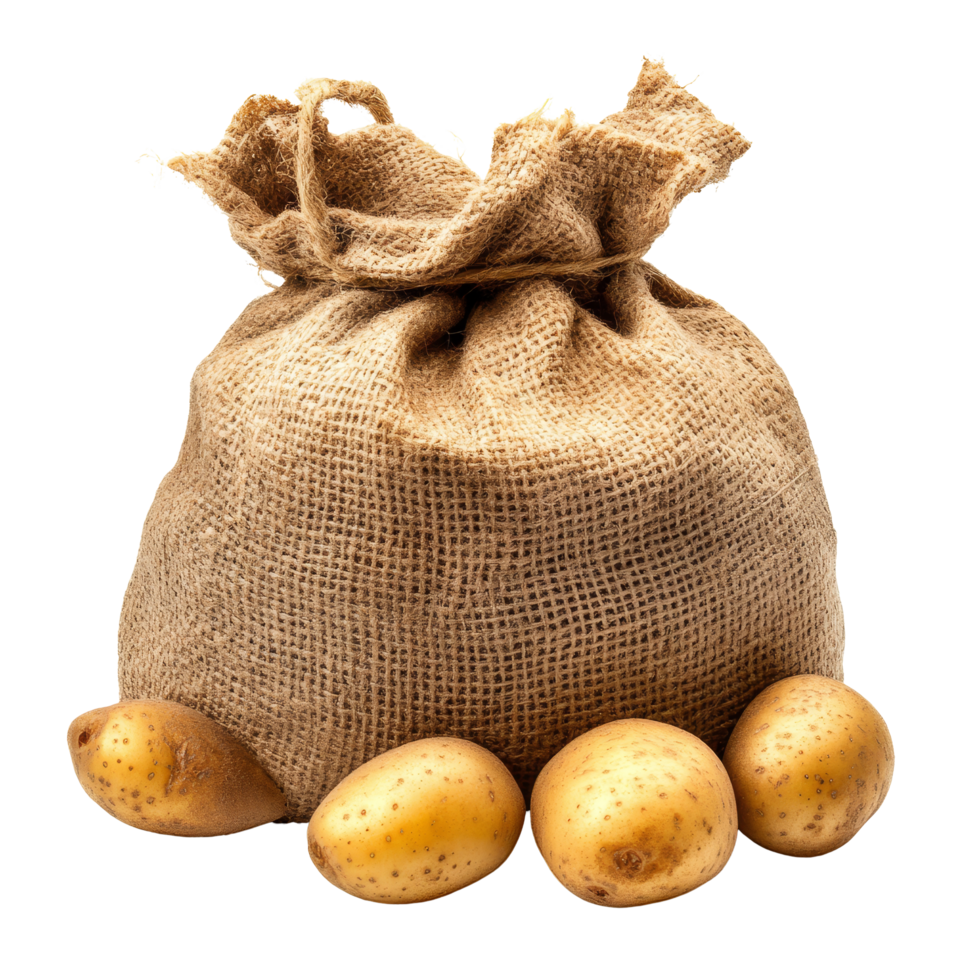 Fresh potatoes in a burlap sack with additional potatoes on a transparent background, potato in the sack isolated on transparent background png