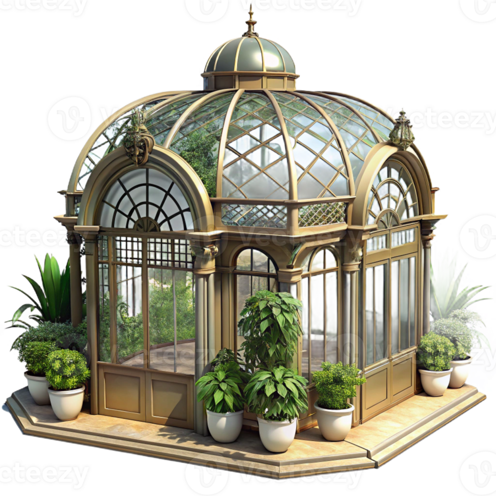 elegant modern A Victorian era greenhouse, intricate wrought iron and glass panels, filled with exotic plants, soft sunlight original png