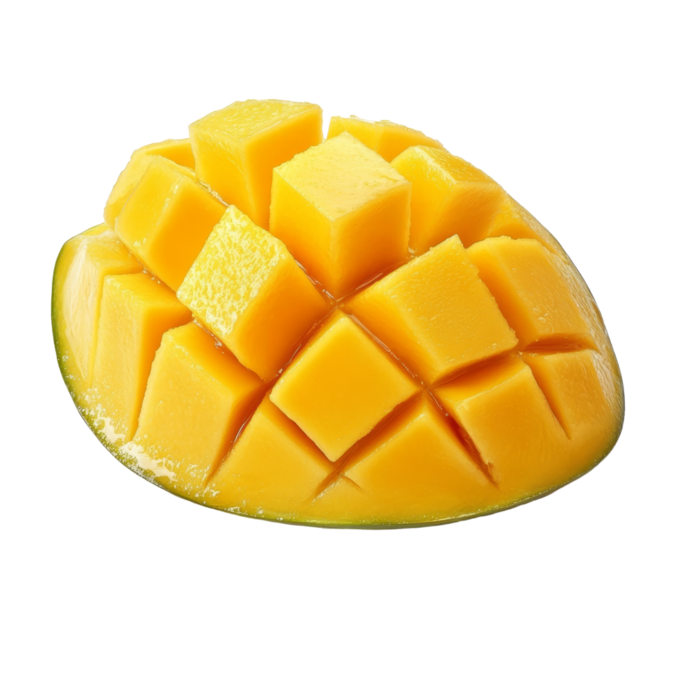 Fresh ripe mango slice cut into cubes sits on a clean transparent background ready to be enjoyed as a tropical snack, ripe mango slice isolated on transparent background png
