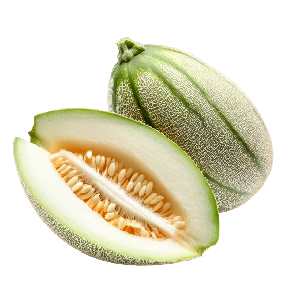 Fresh pepino melons, one halved, showcasing their unique texture, on a bright transparent background, half pepino melons isolated on transparent background png