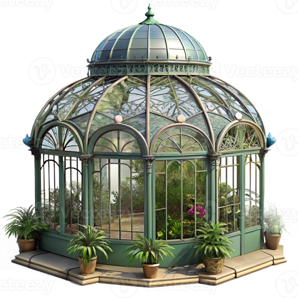beautiful modern A Victorian era greenhouse, intricate wrought iron and glass panels, filled with exotic plants, soft sunlight professional png