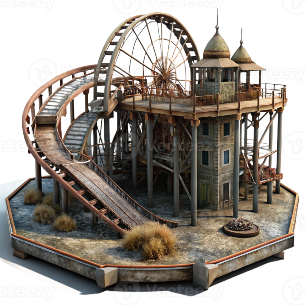 vibrant contemporary An abandoned amusement park with rusty roller coasters and decaying buildings, eerie and atmospheric premium png