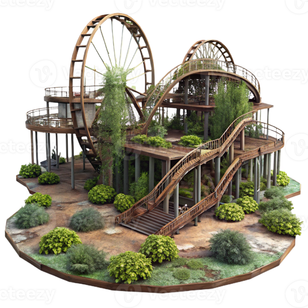 stunning minimalist Abandoned amusement park, rusted roller coasters, overgrown with weeds, eerie atmosphere, post-apocalyptic setting, hyperrealistic, exclusive png