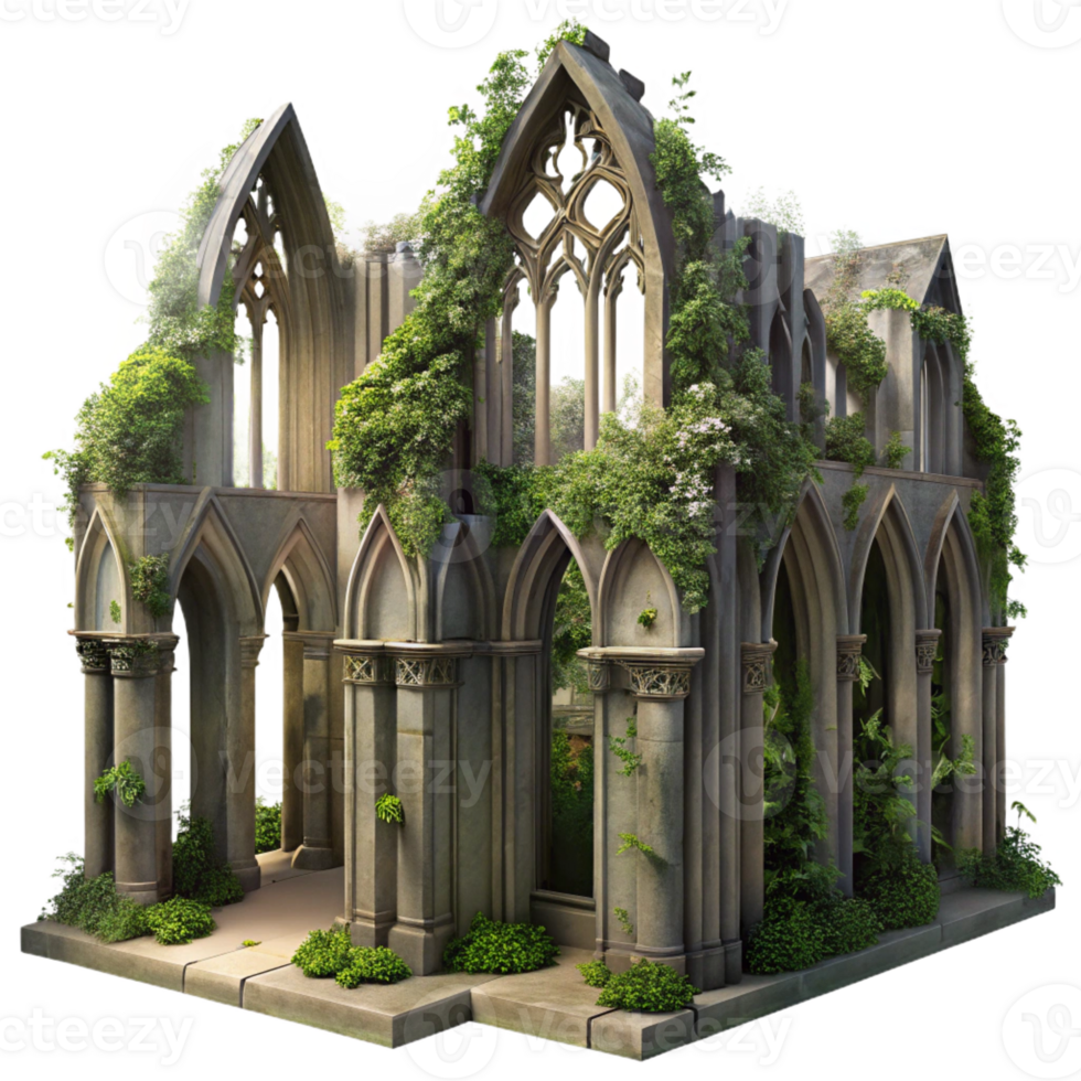 magnificent abstract A crumbling Gothic cathedral, overgrown with vines, dappled sunlight through stained-glass windows, ethereal, romantic style high resolution png
