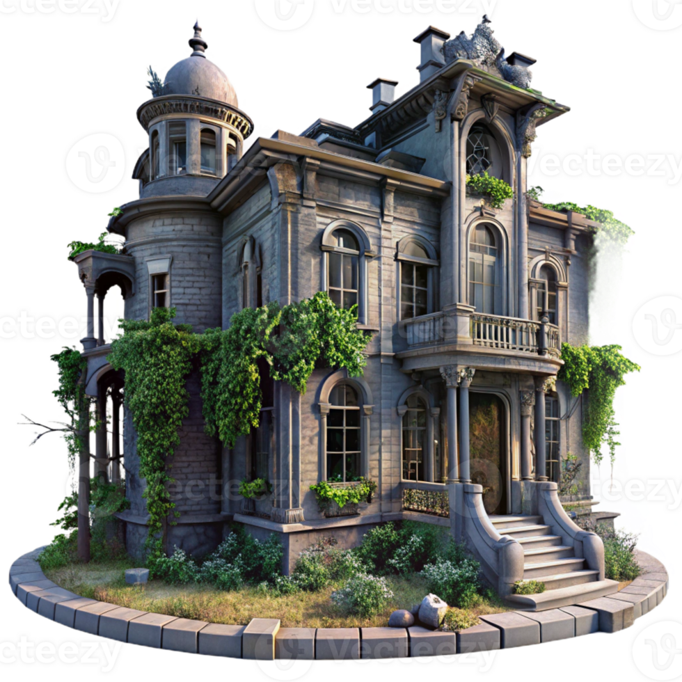 magnificent creative An abandoned Art Nouveau mansion, intricate ironwork and decaying facade, overgrown with ivy, melancholic and romantic mood, twilight lighting authentic png