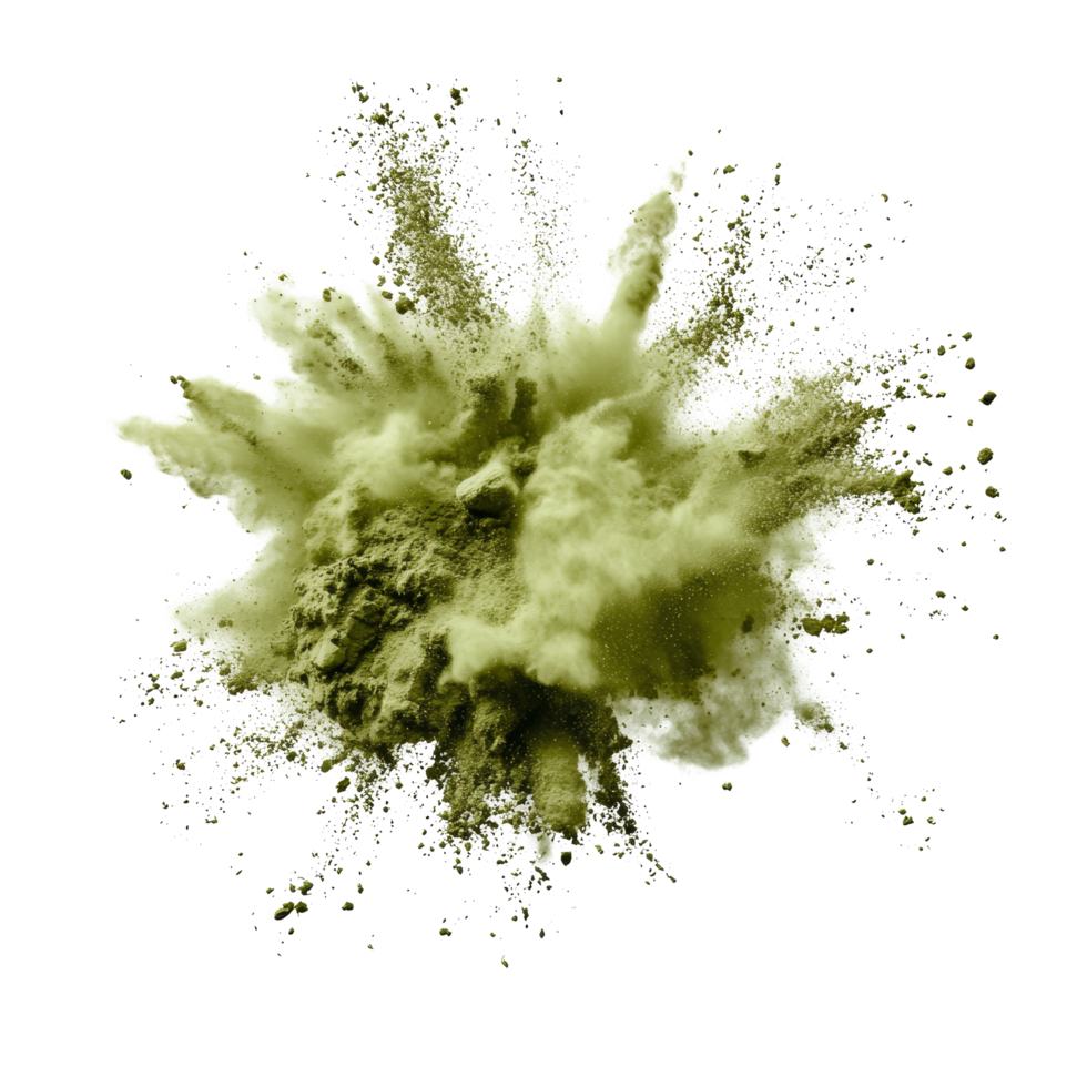 Olive color powder explosion creating a cloud effect on a transparent background, olive color powder pulver explosion isolated on transparent background png