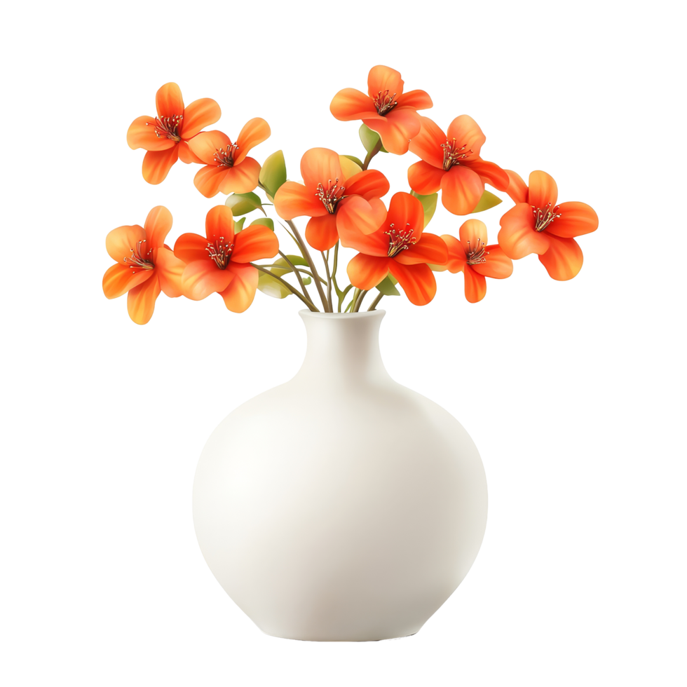 A beautiful vase filled with vibrant orange flowers isolated on a clean transparent background for decorative, vase with beautiful orange flowers, file of isolated object with shadow on transparent png